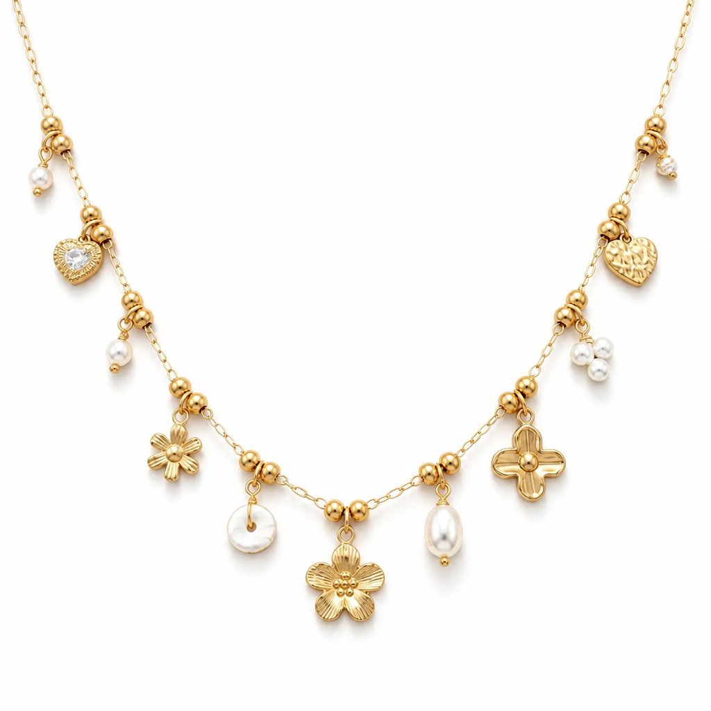 Collier Fin Charms Fleurs & Perles Doré