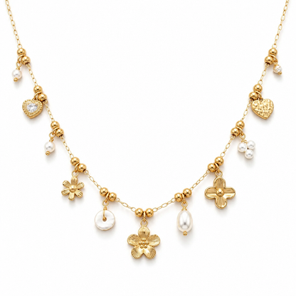 Collier Fin Charms Fleurs & Perles Doré