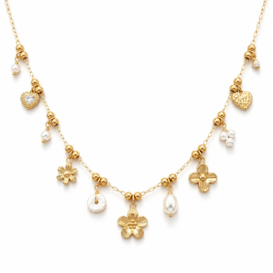 Collier Fin Charms Fleurs & Perles Doré