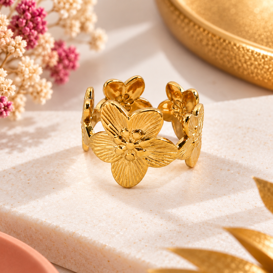 Bague Ajustable 5 Fleurs Dorée ou argentée en acier inoxydable pour femme