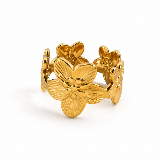 Bague Ajustable 5 Fleurs Dorée ou argentée en acier inoxydable pour femme