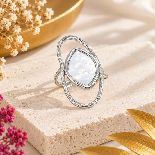 Bague Ajustable Entrelacs Nacre argenté en acier inoxydable pour femme