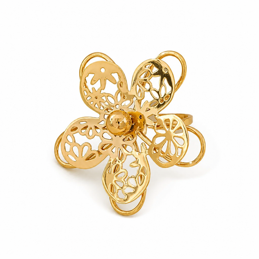 Bague Ajustable Fleur Ajourée Dorée en acier inoxydable pour femme