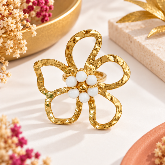Bague Ajustable Grosse Fleur perlée en acier inoxydable pour femme
