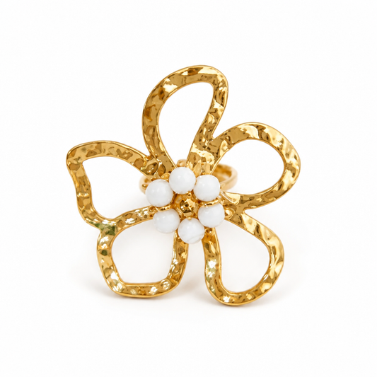 Bague Ajustable Grosse Fleur perlée en acier inoxydable pour femme