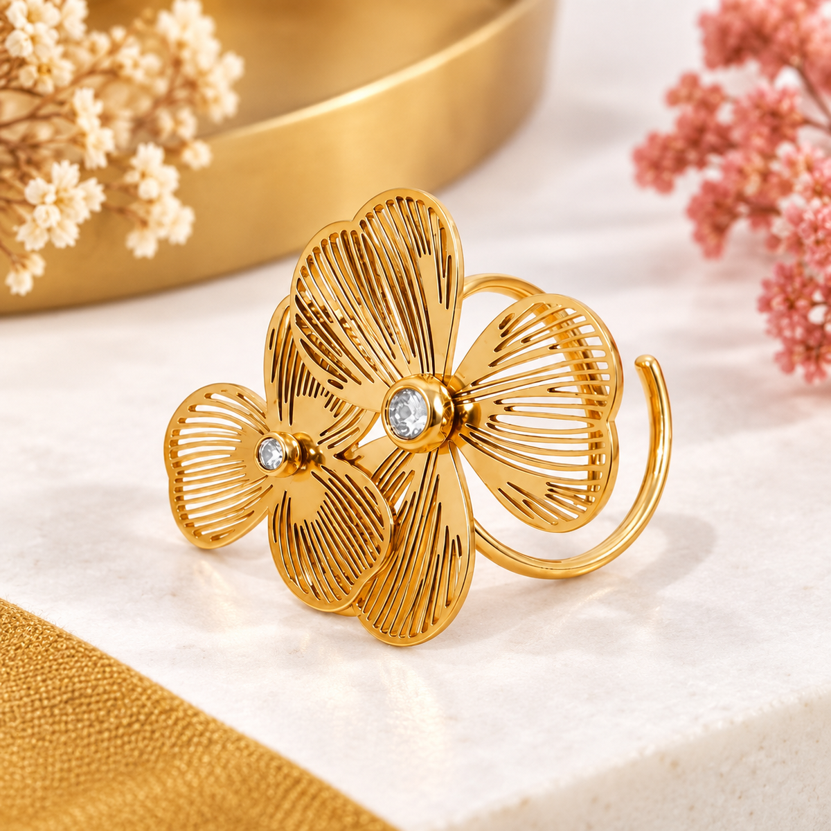 Bague Dorée Ajustable Duo de Fleur avec strass en acier inoxydable pour femme