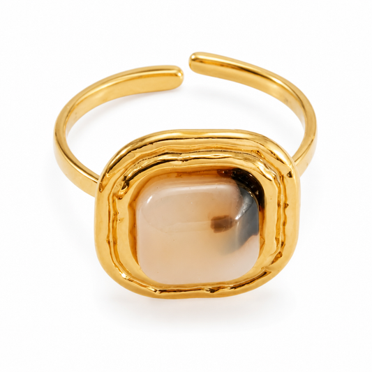 Bague Dorée Ajustable Pierre Carrée Résine Léopard pour femme
