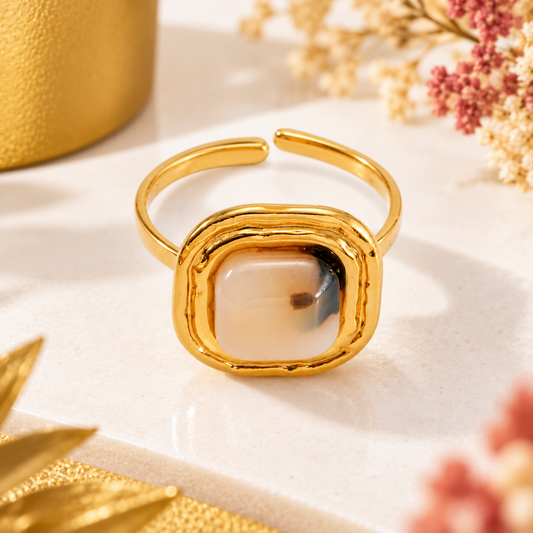 Bague Dorée Ajustable Pierre Carrée Résine Léopard pour femme