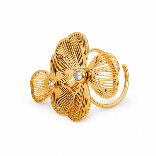 Bague Dorée Ajustable Duo de Fleur avec strass en acier inoxydable pour femme