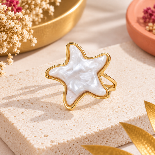 Bague Dorée Ajustable Étoile de Mer Résine blanche en acier inoxydable pour femme