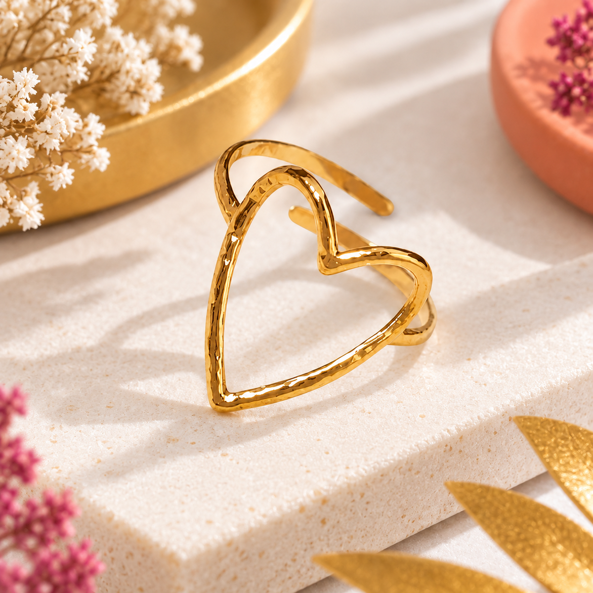 Bague fine Ajustable Cœur Dorée en acier inoxydable pur femme