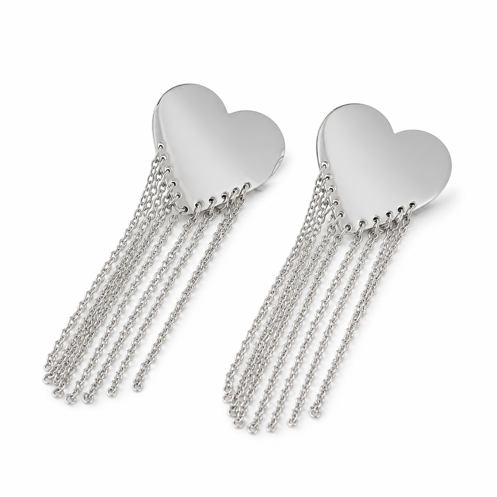 Boucles d'Oreilles Cœur Effet Miroir et Chaînes en acier inoxydable pour femme