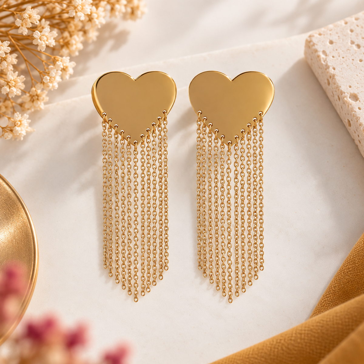 Boucles d'Oreilles Cœur Effet Miroir et Chaînes en acier inoxydable pour femme