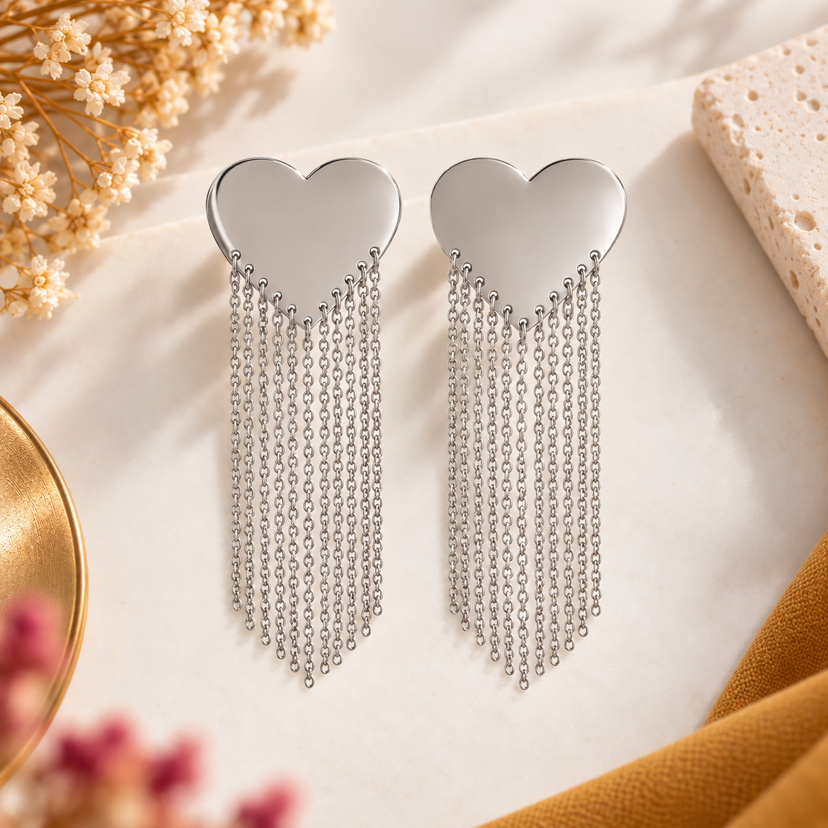 Boucles d'Oreilles Cœur Effet Miroir et Chaînes en acier inoxydable pour femme