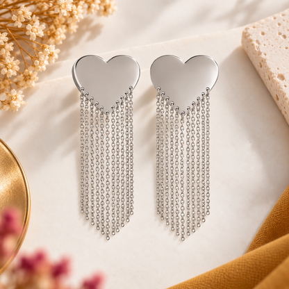 Boucles d'Oreilles Cœur Effet Miroir et Chaînes en acier inoxydable pour femme