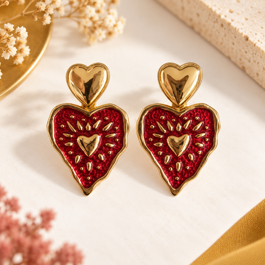 Boucles d'Oreilles Cœurs Rouges & Dorés en acier inoxydable pour femme