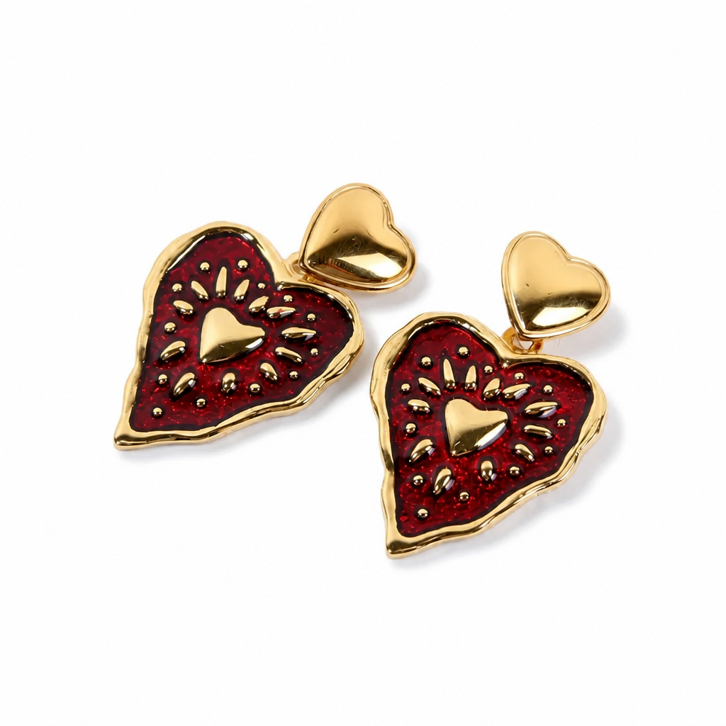 Boucles d'Oreilles Cœurs Rouges & Dorés en acier inoxydable pour femme