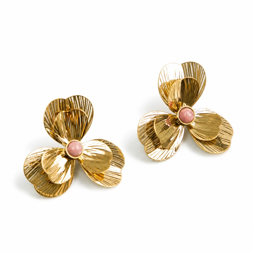 Boucles d'Oreilles Fleur Sculptee Doree & Pierre en acier inoxydable pour femme