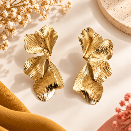 Boucles d'Oreilles Fleurs Texturées en acier inoxydable pour femme dorée