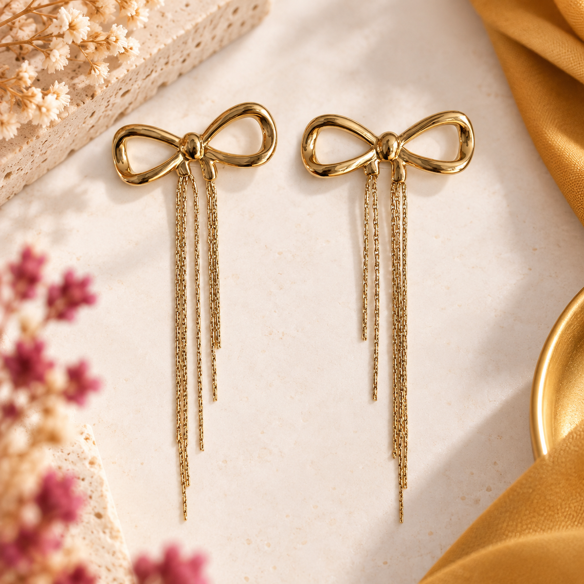 Boucles d'Oreilles Nœud & Franges Dorées en acier inoxydable pour femme