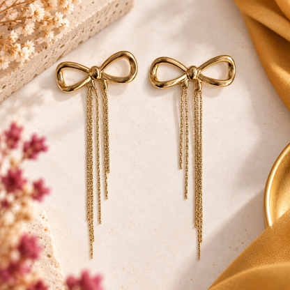 Boucles d'Oreilles Nœud & Franges Dorées en acier inoxydable pour femme