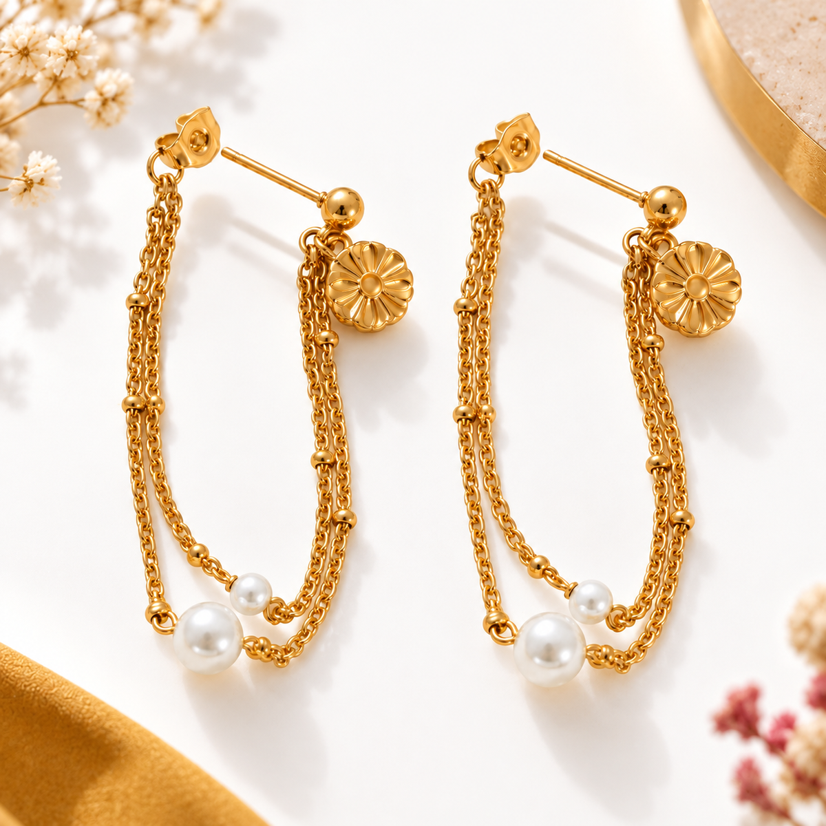 Boucles d’Oreilles Perles & Chaînes en acier inoxydablepour femme