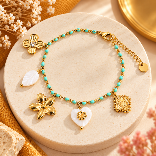 Bracelet Doré Charms Fleur & Cœur Turquoise en acier inoxydable pour femme