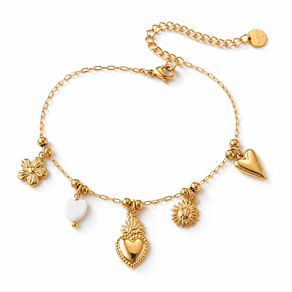 Bracelet Doré Charms Cœurs & Fleur en acier inoxydable pour femme