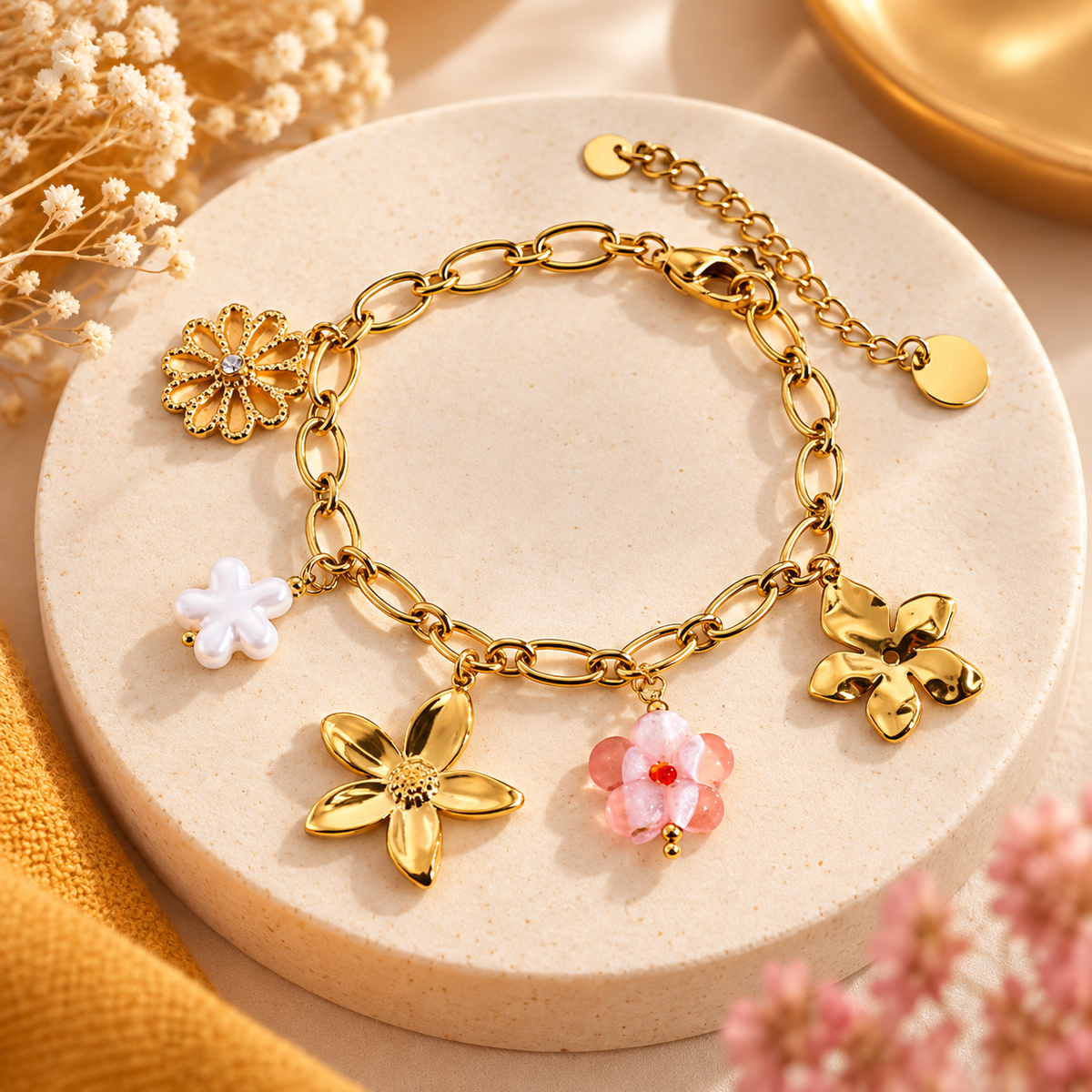 Bracelet Doré Charms Fleurs en acier inoxydable pour femme