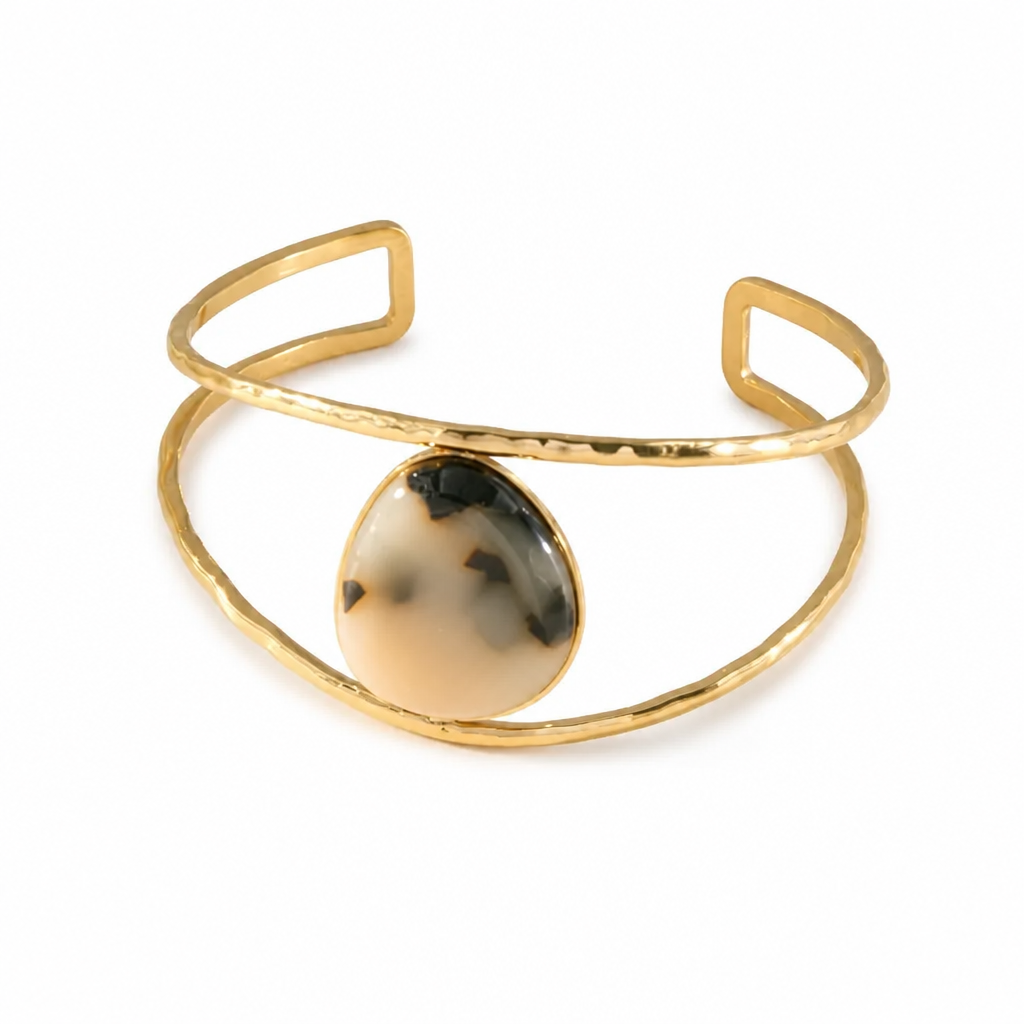 Bracelet Manchette Doré double branches pierre goutte résine léopard