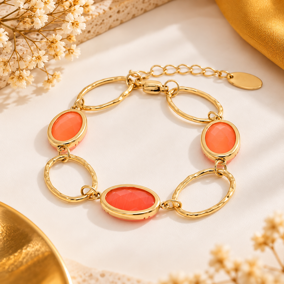 Bracelet Œil de Chat Orange Multi-Anneaux Doré en acier inoxydable pour femme