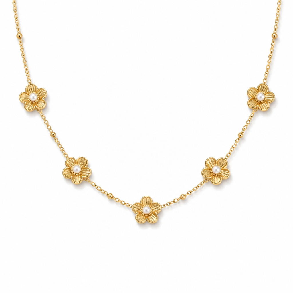 Collier 5 Fleurs & Perles Doré en acier inoxydable pour femme