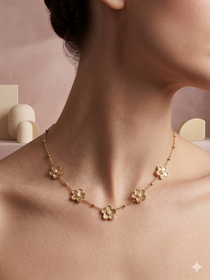 Collier 5 Fleurs & Perles Doré en acier inoxydable pour femme