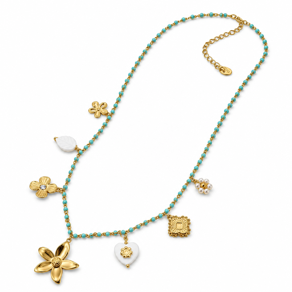 Collier Perles Turquoise & Charms Fleurs Doré en acier inoxydable pour femme
