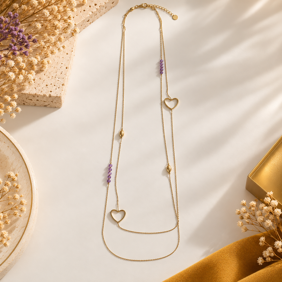 Collier Sautoir Double Chaîne Cœurs & Perles Violettes en acier inoxydable pour femme