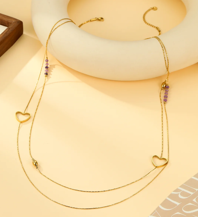 Collier Sautoir Double Chaîne Cœurs & Perles Violettes en acier inoxydable pour femme