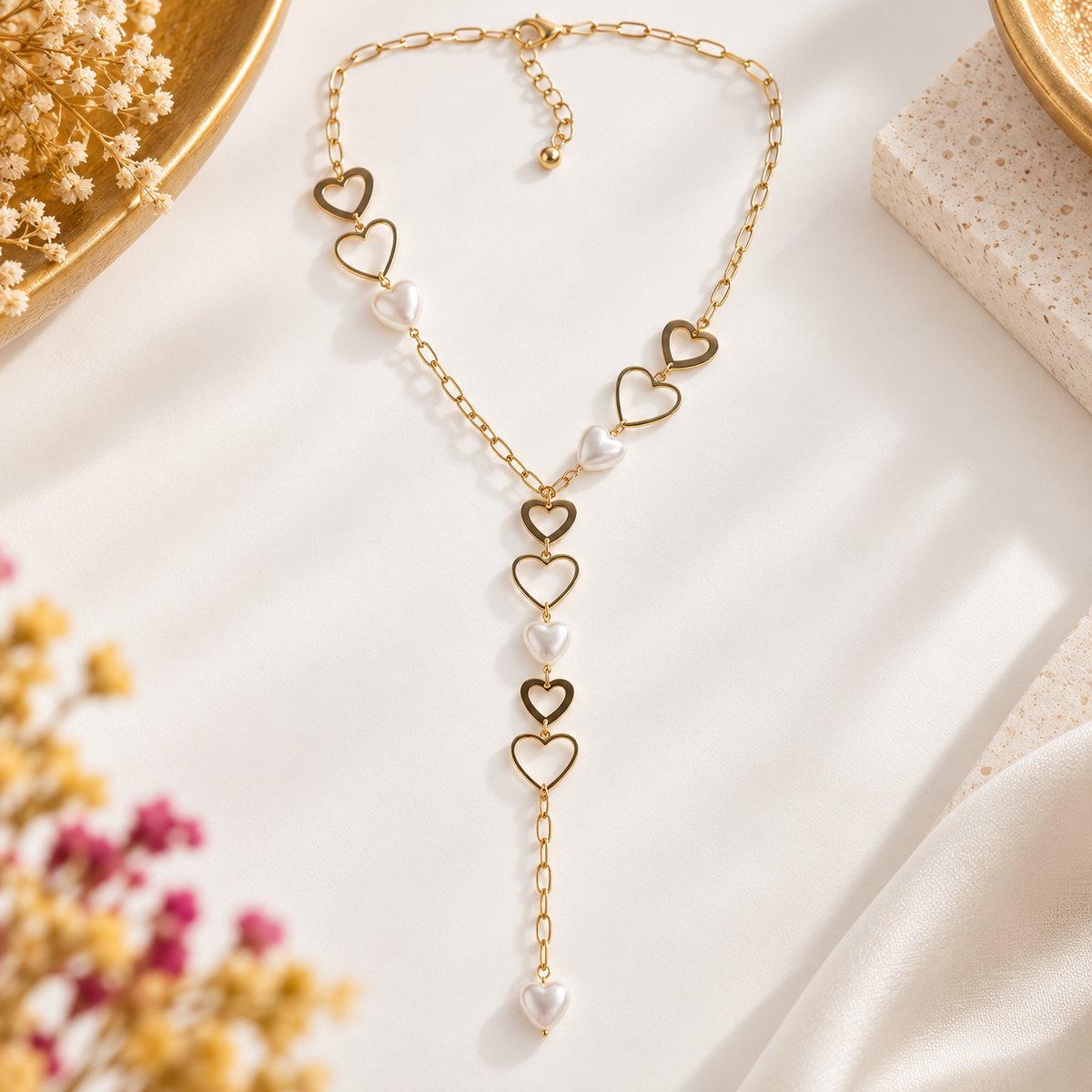 Collier Y Cœurs & Perles Blanches Doré en acier inoxydable pour femme