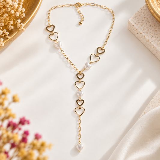 Collier Y Cœurs & Perles Blanches Doré en acier inoxydable pour femme