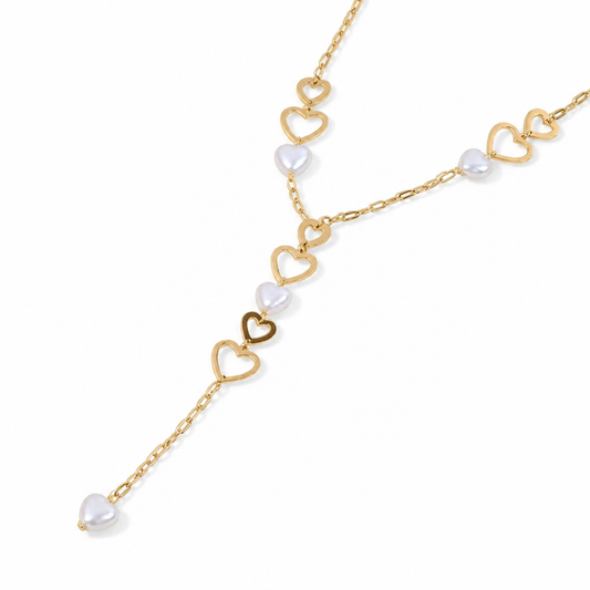 Collier Y Cœurs & Perles Blanches Doré en acier inoxydable pour femme