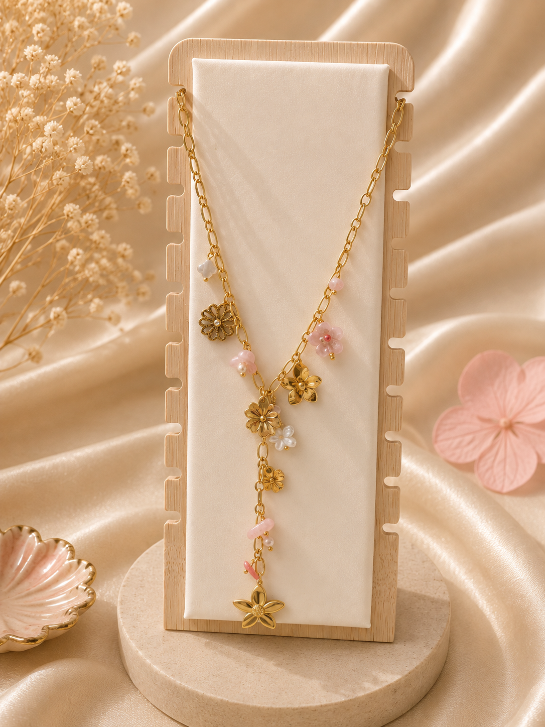 Collier Y Fleurs & Pampilles Rose et  Doré en acier inoxydable pour femme