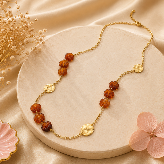 Flora - Collier avec Fleurs en Résine & Médaillons Dorés en acier inoxydable pour femme
