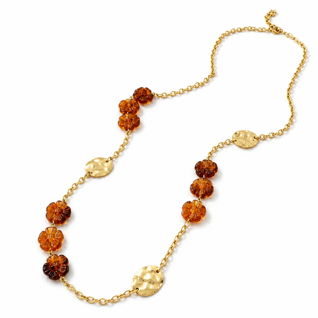 Flora - Collier avec Fleurs en Résine & Médaillons Dorés en acier inoxydable pour femme