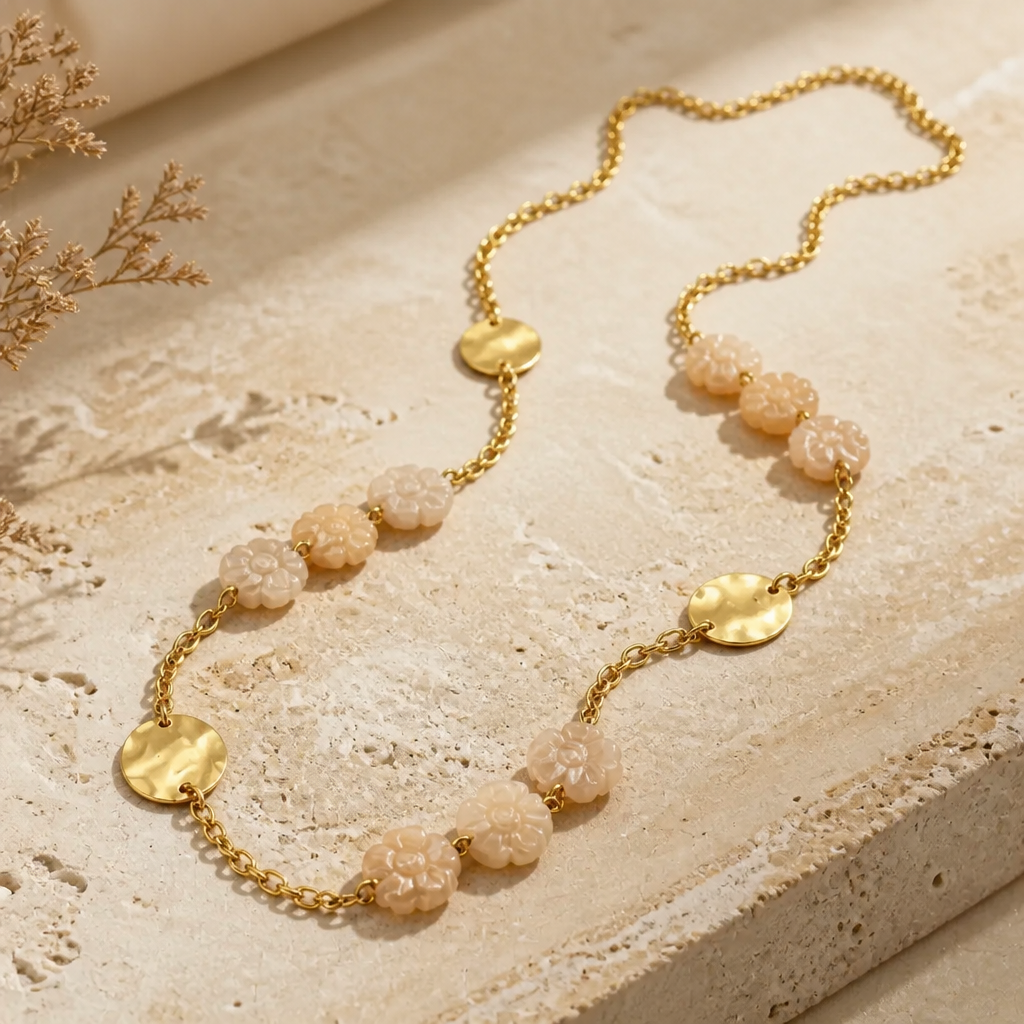 Flora - Collier avec Fleurs en Résine & Médaillons Dorés en acier inoxydable pour femme
