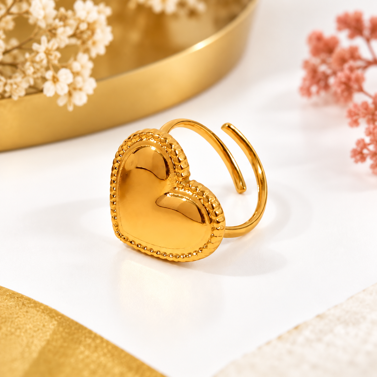 bague coeur acier inoxydable dorée ajustable pour femme